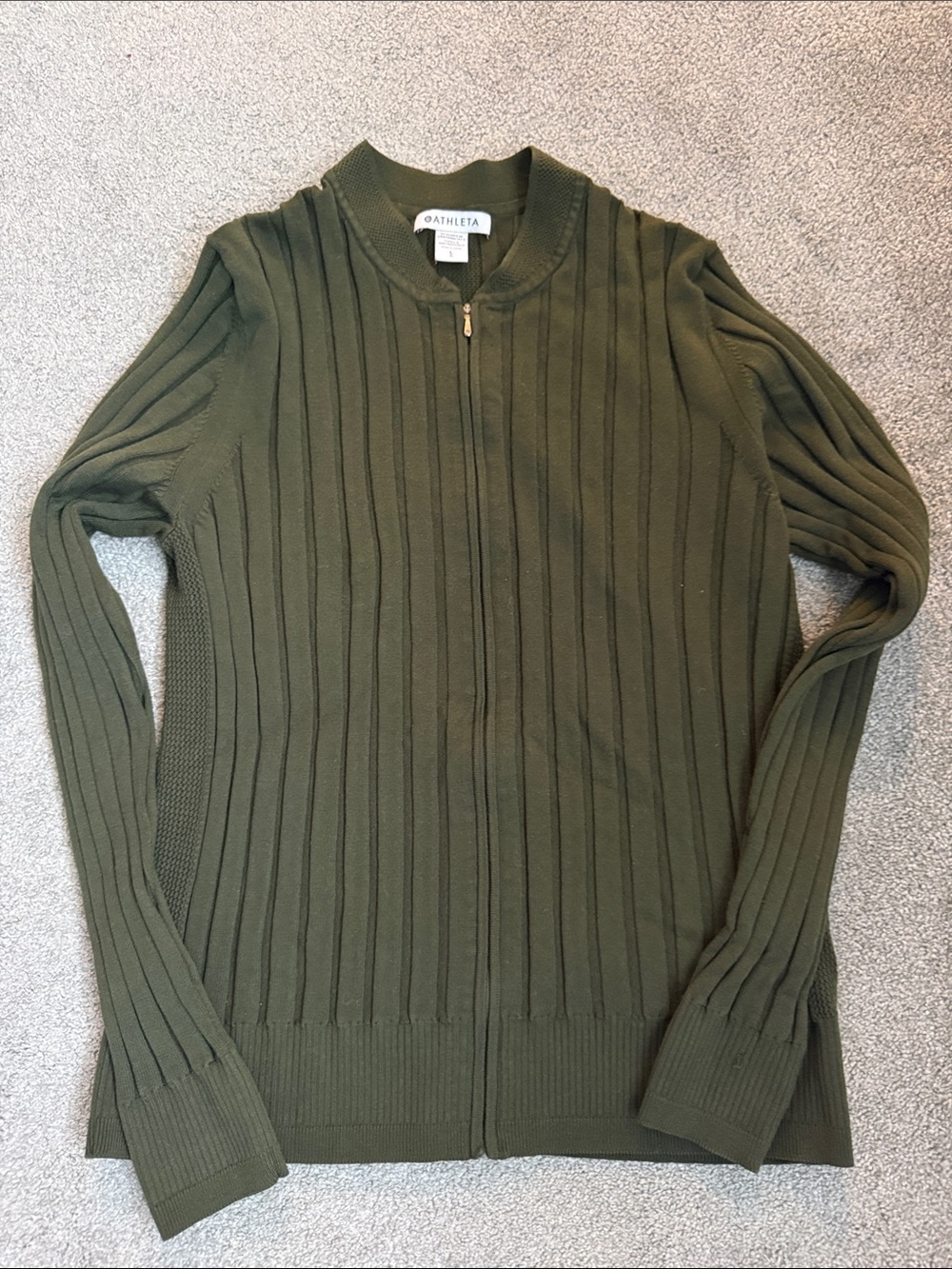 Athleta Olive Ribbed Full-Zip Sweater
